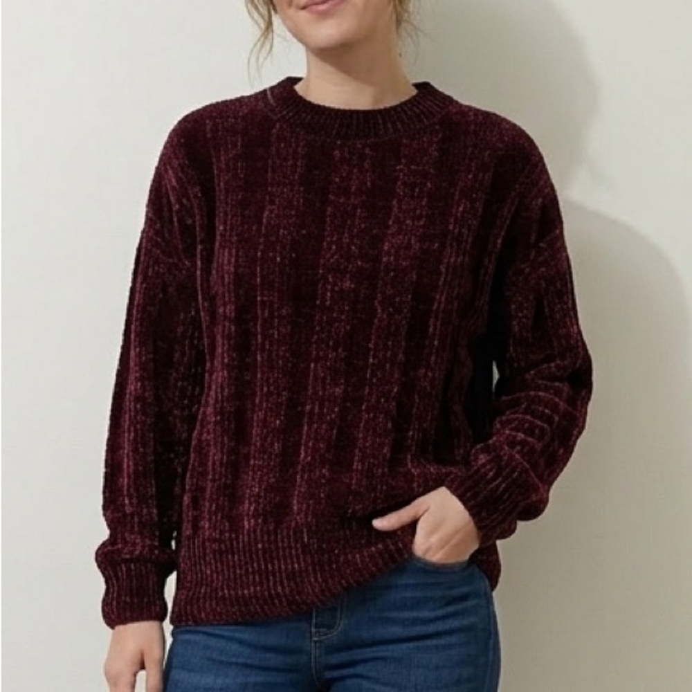 Zenana Premium Burgundy Chenille Sweater Women’s Sz S Soft Ribbed Knit Crew Neck